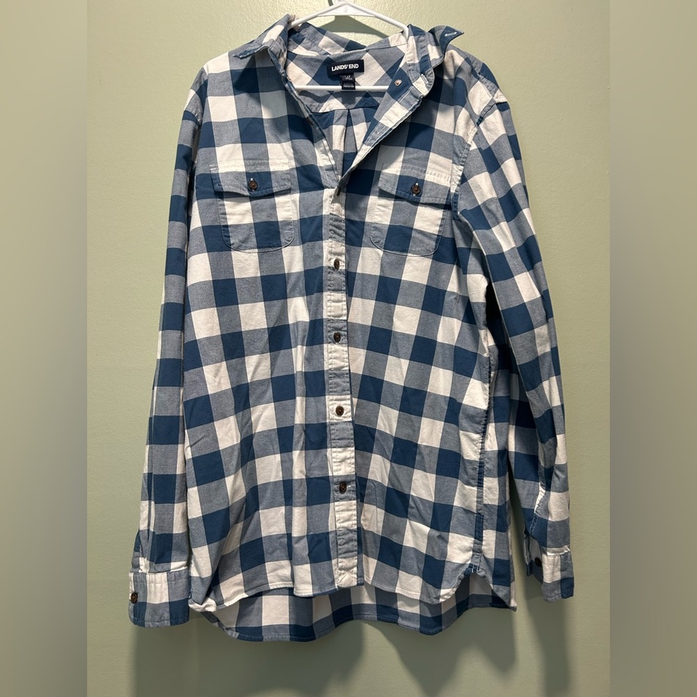 Lands' End Navy and White Plaid Shirt